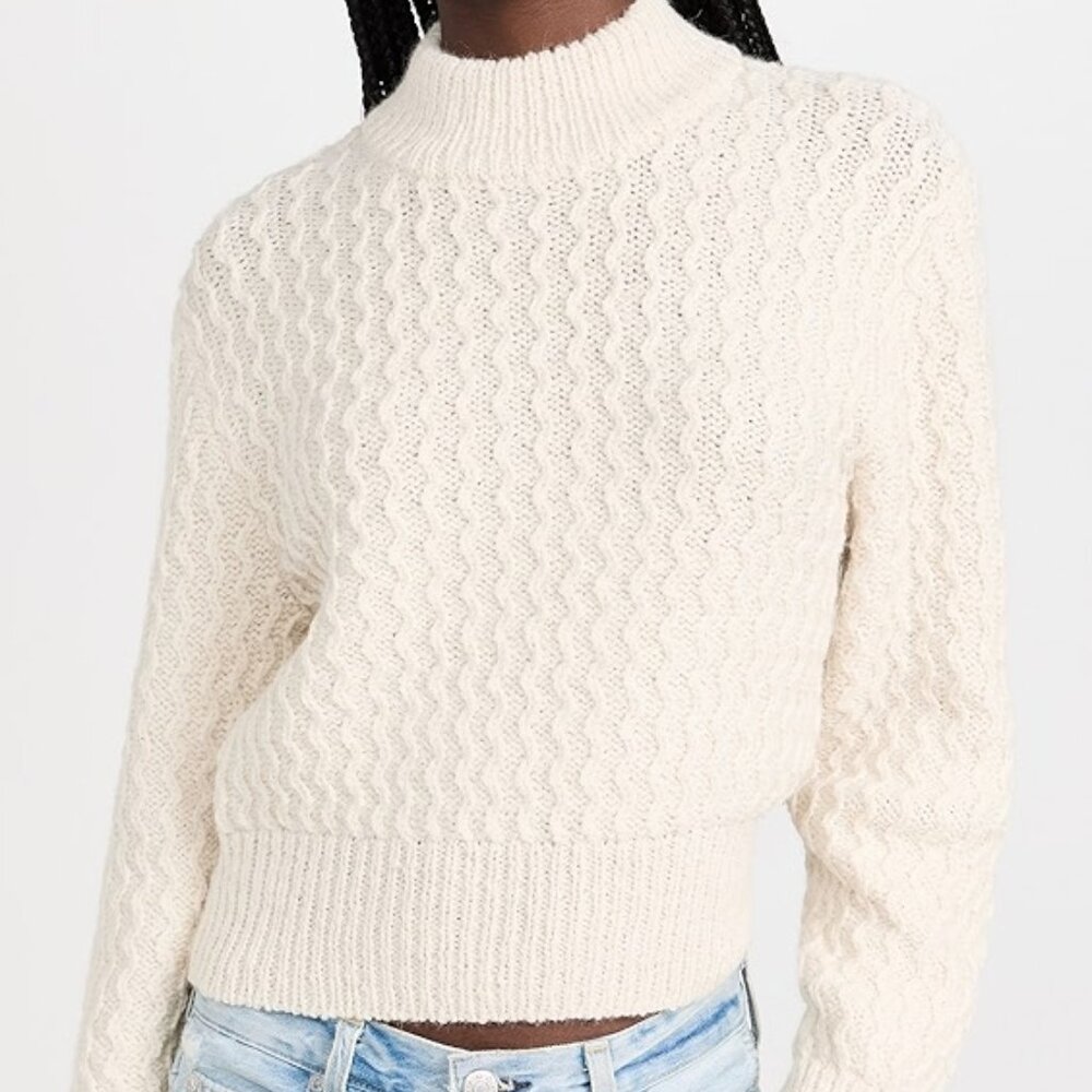 AMO XS Natural Helen Crop Mock Neck Sweater Alpaca Wool Cable Knit L/S Soft